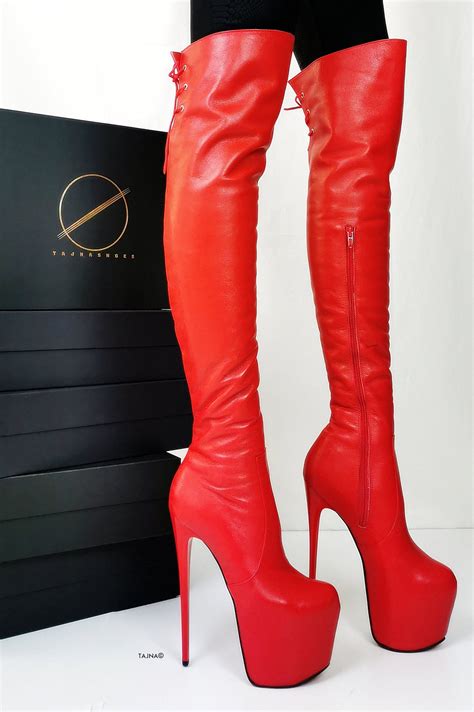 Back Lace Red Genuine Leather Thigh High Boots Tajna Shoes Tajna Club