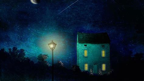 🥇 Paintings Night Houses Artwork Street Lights Lunar Eclipse Wallpaper