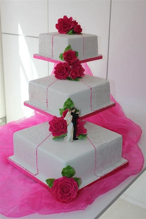 3 Tier Square Embossed Wedding Cake With Hot Pink Cakesdecor