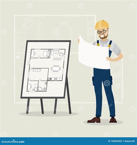 Building Or Apartment Plan On Board Cartoon Man Engineer Or Architect