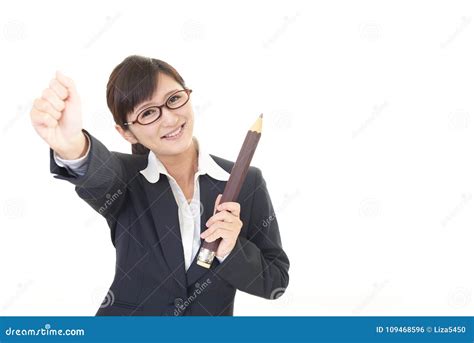Teacher Holding A Big Pencil Stock Photo Image Of Healthy Beautiful