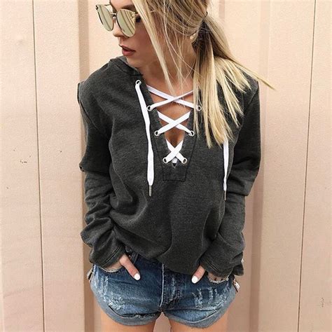 Buy Women Fashion Hoodies V Neck Lace Up Hollow Out