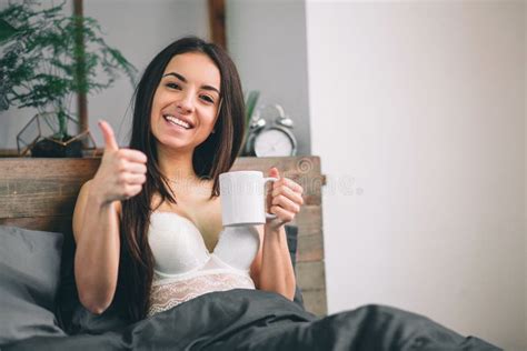 Good Morning Woman Woke Up In Bed Woman Drinking Coffee In Bed Stock