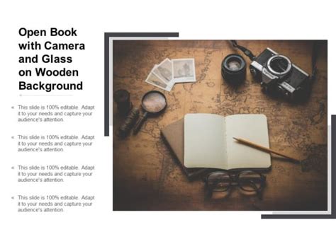 Open Book With Camera And Glass On Wooden Background Ppt Powerpoint
