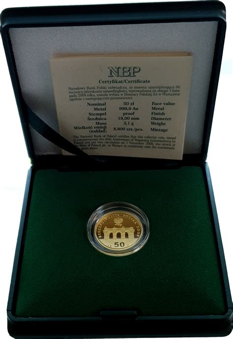 Poland 50 Zloty 2008 Regaining Of Independence Gold Proof Ma Shops