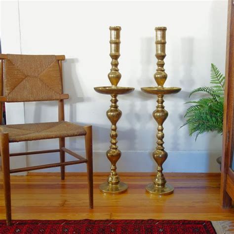 Large Brass Floor Candlesticks Vintage Pair Altar Candle Holders