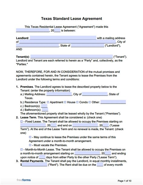Word Fillable Form Template Rental Agreement Texas Printable Forms