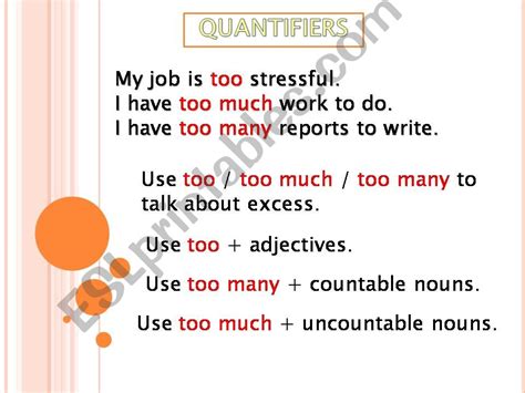 Esl English Powerpoints Quantifiers Too Too Much Too Many