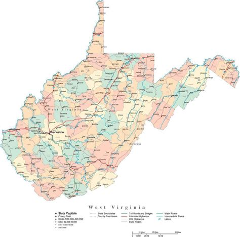 West Virginia Digital Vector Map With Counties Major Cities Roads