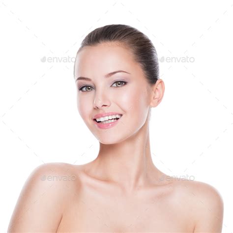 Beautiful Face Of Smiling Woman With Clean Fresh Skin Stock Photo By