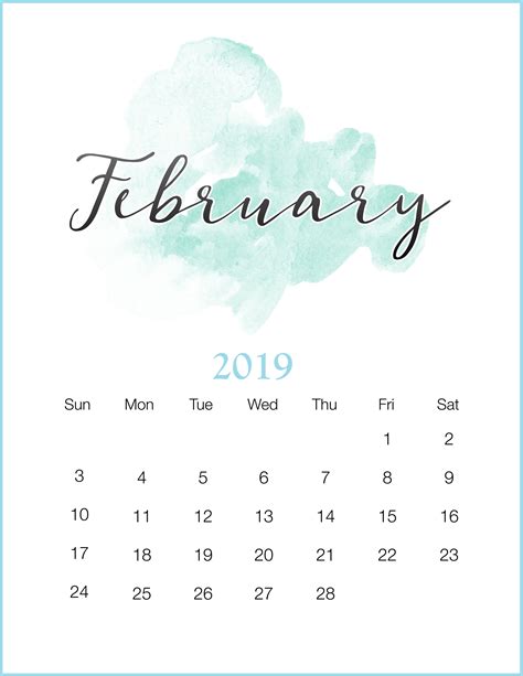 Watercolor 2019 February Printable Calendar February2019 Watercolor