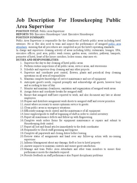 Job Description For Housekeeping Public Area Supervisor Pdf