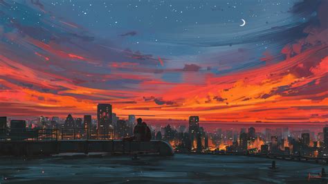Download 1920x1080 Anime Couple Sunset Cityscape Scenic