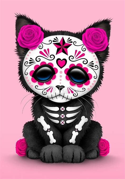 Cute Pink Day Of The Dead Kitten Cat Art Print By Jeff