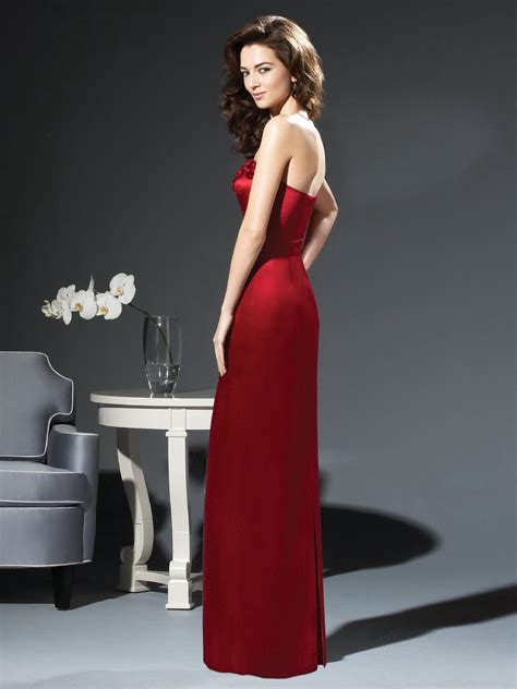 Elite Red Column Strapless Floor Length Satin Prom Dresses With Rosette