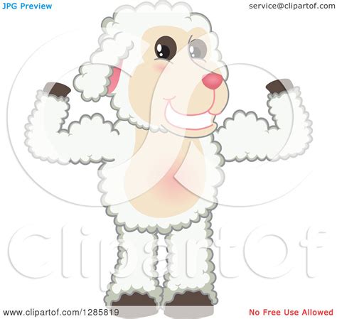 Clipart Of A Happy Lamb Mascot Character Flexing His Muscles Royalty Free Vector Illustration