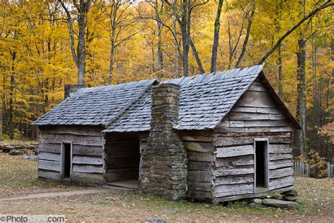 Settlers Log Cabin Yellow Fall Leaf Colors On Tennessee Side Of Great