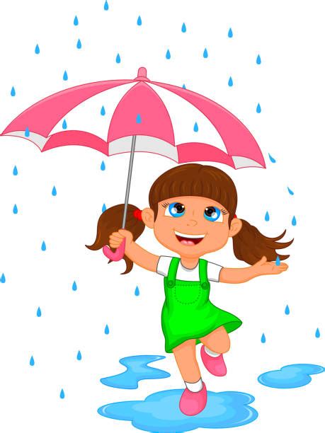 School Girl With Umbrella In The Rain Illustrations Royalty Free
