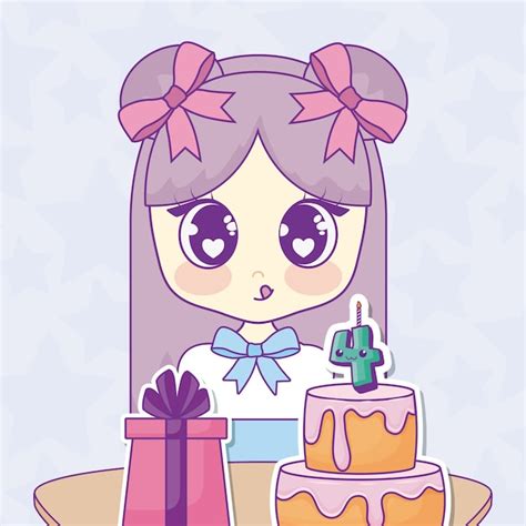 Diseño De Feliz Cumpleaños Con Chica De Anime Kawaii Vector Premium
