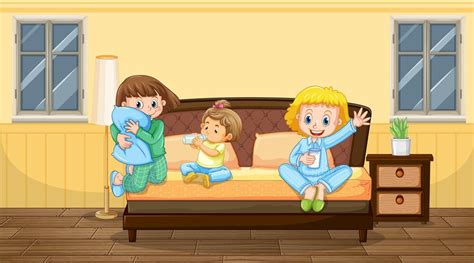 Schlafzimmerszene Mit Drei Kindern Im Pyjama Kostenlose Vektor