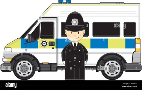 Cute Cartoon British Policeman And Police Van Vector Illustration Stock
