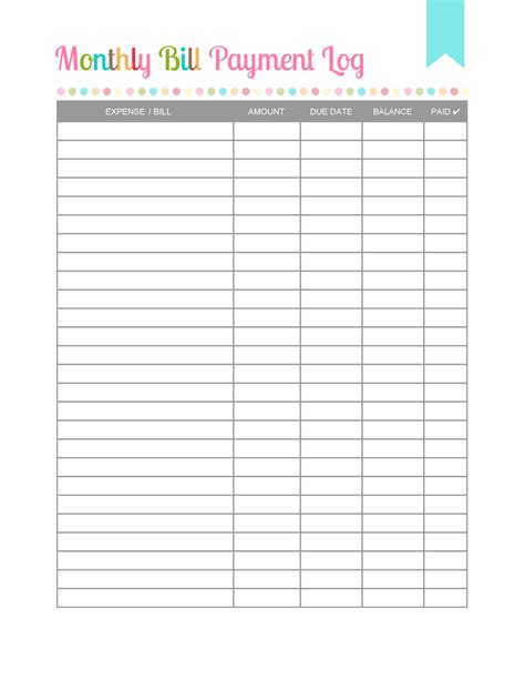 Monthly Bill Payment Log Template Varicolored Download Printable Pdf Templateroller