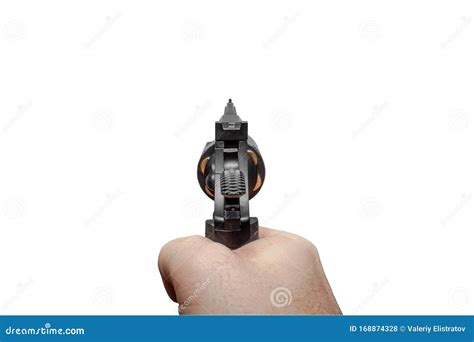 A Man S Hand With A Loaded Black Revolver Aims Forward First Person