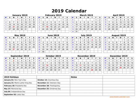 2019 Calendar With Holidays Printable