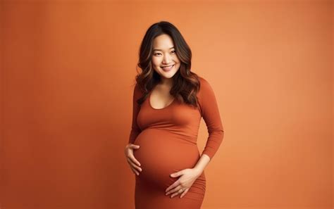 Premium Ai Image Happy Pregnant Asian Woman Touching Her Belly