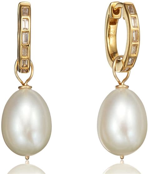 Lily Roo Gold Diamond Style Baguette Pearl Drop Hoop Earrings Shopstyle