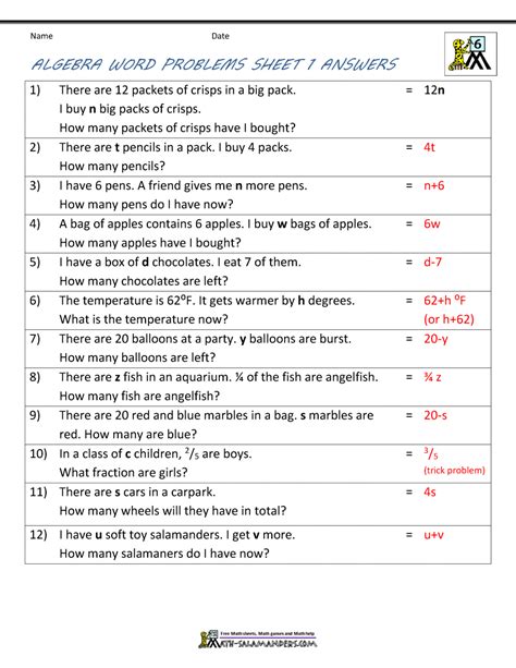 A word problem is a math problem written out as a short story or scenario. Basic Algebra Worksheets