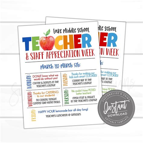 Editable Teacher Appreciation Week Itinerary Printable Etsy Teacher