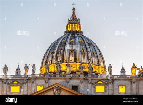 Dome Of St Peters Basilica In Vatican City Rome Italy Illuminated By