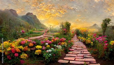 Garden Of Eden Landscape With Flowers And Misty Mountains And A Brick