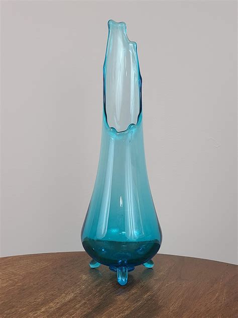 Blue Mid Century Swung Glass Vase Three Footed Vase Stretch Glass Le Smith Glass