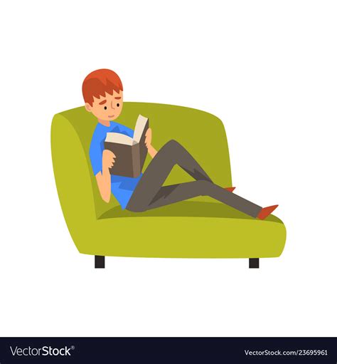 Teen Boy Sitting On Couch And Reading Book Child Vector Image