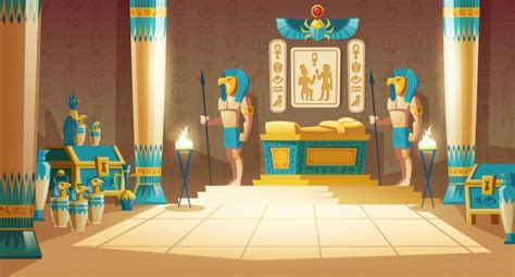 Free Vector Cartoon Pharaoh Tomb With Golden Sarcophagus Statues Of