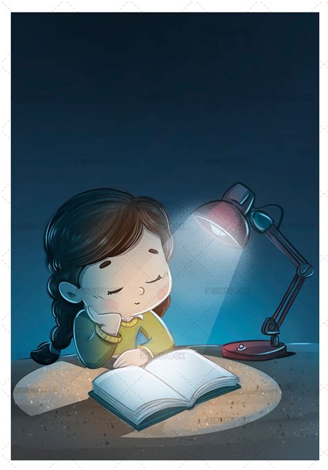 Chica Estudiando Por La Noche Cansada Con Una Lámpara Dibustock