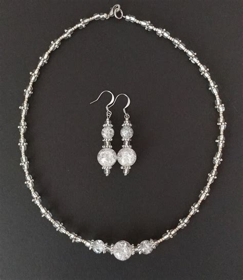 Crackle Clear Glass Bead Drop Earrings With Silver Color Etsy