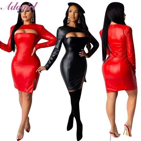 Casual Autumn Pu Leather High Elastic Long Sleeve Bodycon Dress Women Sexy Hollow Out High Slit