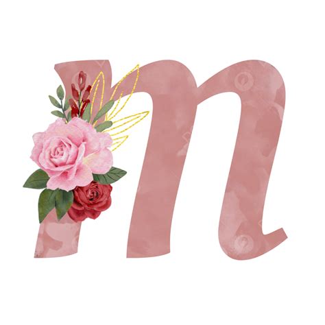 Floral Alphabet Letter M With Watercolor Rose Flower Bouquet Floral