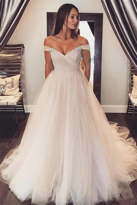 2021 Newly A Line Tulle Off Shoulder Sweetheart Wedding Dresses In 2021