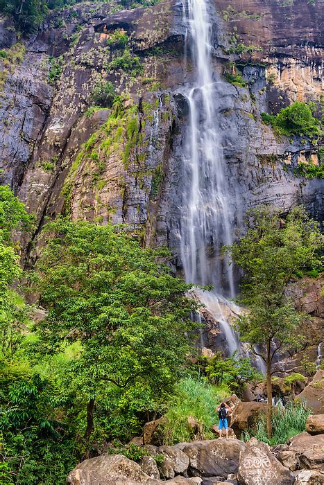 Tourist Visiting Bambarakanda Falls A Waterfall Near Haputale Sri Lanka Hill Country Nuwara