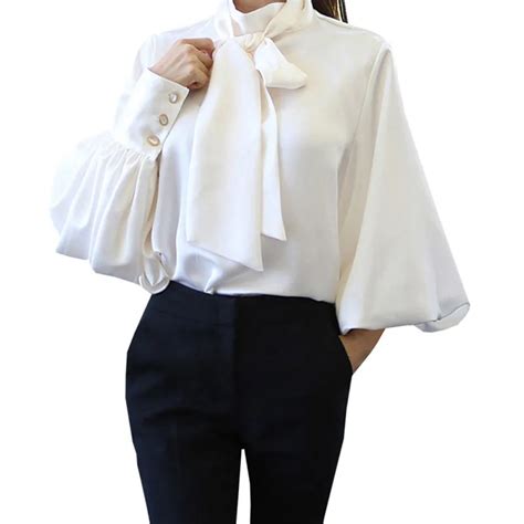2018 Pure White Bow Tie Blouse Chiffon Women Office Shirt Lantern