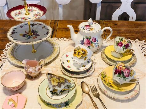 Tea Set Mismatched Vintage Teacups And Saucers Cake Plates Etsy In