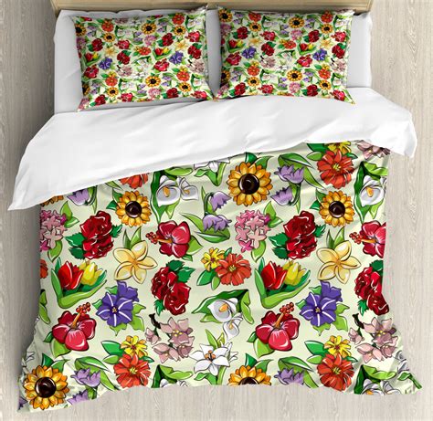 Floral Duvet Cover Set King Size Vibrant Colored Print Of Rousing