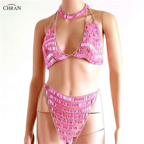 Chran Beads Crop Top Chainmail Bra Choker Necklace Hot Pink Mini Skirt