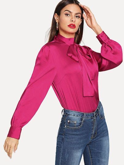 Neon Pink Tie Neck Buttoned Back Satin Blouse Satin Blouse Blouse Colourful Outfits