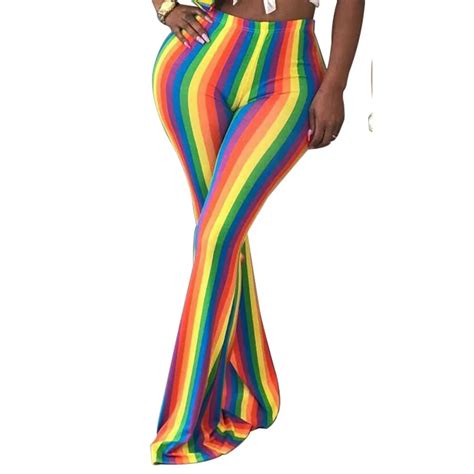 Sexy Rainbow Striped Flare Pants 2018 Fashion Casual Stretch Pants