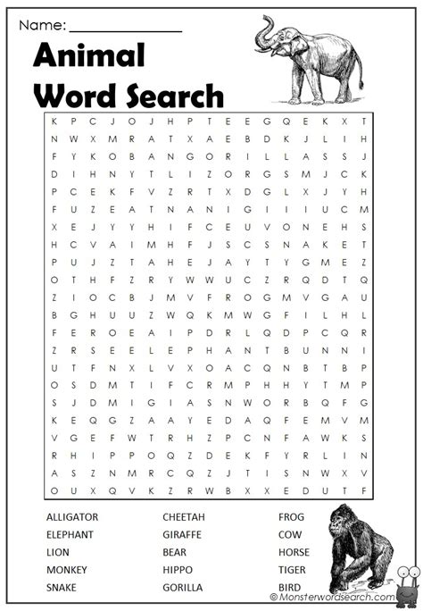 Animal Word Search Monster Word Search